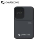 Black ChargeCore power bank, 5000mAh capacity, digital display.