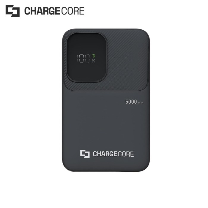 Black ChargeCore power bank, 5000mAh capacity, digital display.