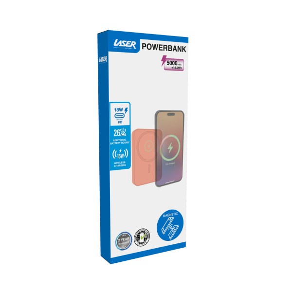 laser 5000mah magnetic wireless power bank peach Laser power bank packaging with wireless charging.