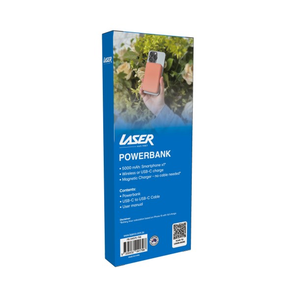 laser 5000mah magnetic wireless power bank peach Laser Powerbank packaging with features and contents listed.