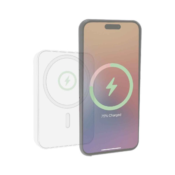 laser 5000mah magnetic wireless power bank white Smartphone with charging status displayed, 75% charged.