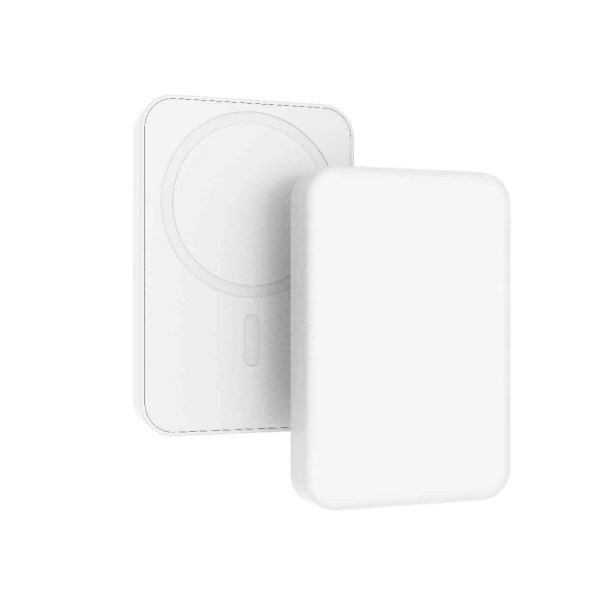 laser 5000mah magnetic wireless power bank white Wireless magnetic phone charger on white background.