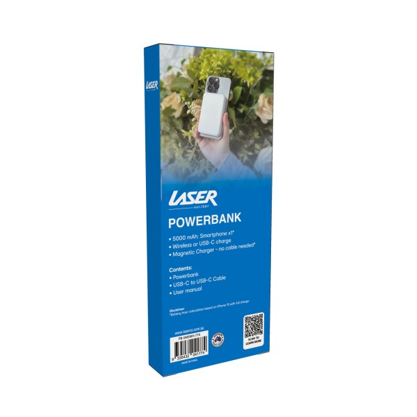 laser 5000mah magnetic wireless power bank white Laser powerbank box with 5000 mAh capacity.