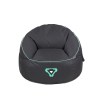 Black gaming bean bag chair with green trim.