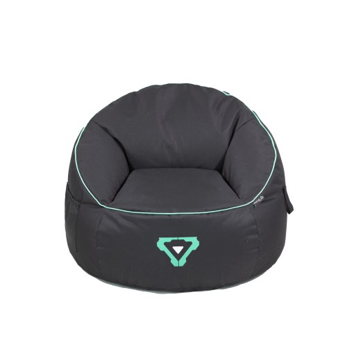 Black gaming bean bag chair with green trim.