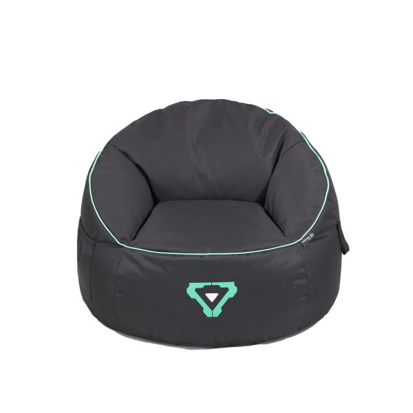 Black gaming bean bag chair with green trim.