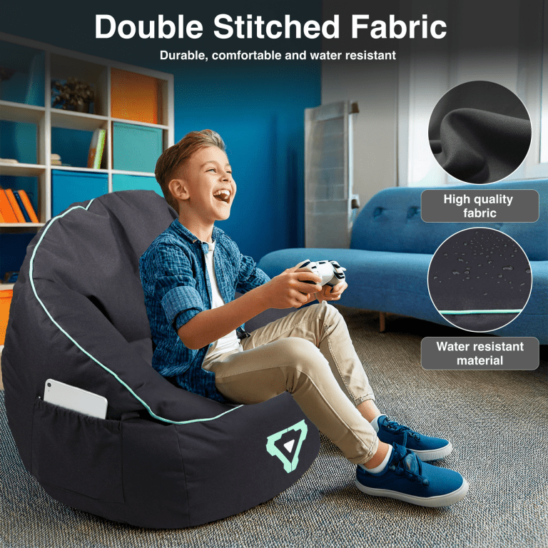 laser gaming bean bag with pocket & headphone strap Child plays, seated on comfortable bean bag.