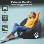 laser gaming bean bag with pocket & headphone strap Person relaxing on bean bag for gaming and movies.