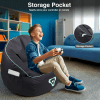 Child gaming on bean bag with storage pocket.