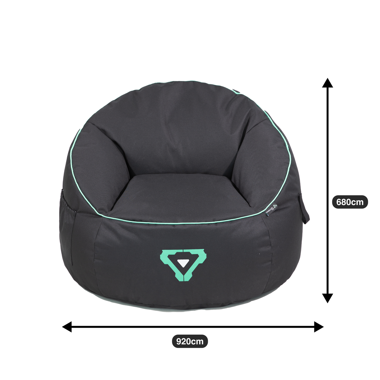 Black beanbag chair with dimensions labeled.