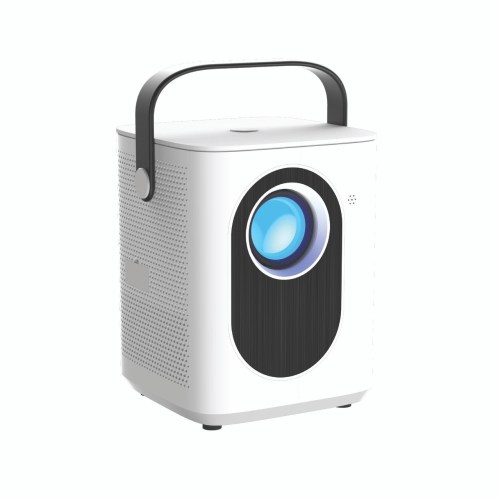Portable white projector with black lens and handle.