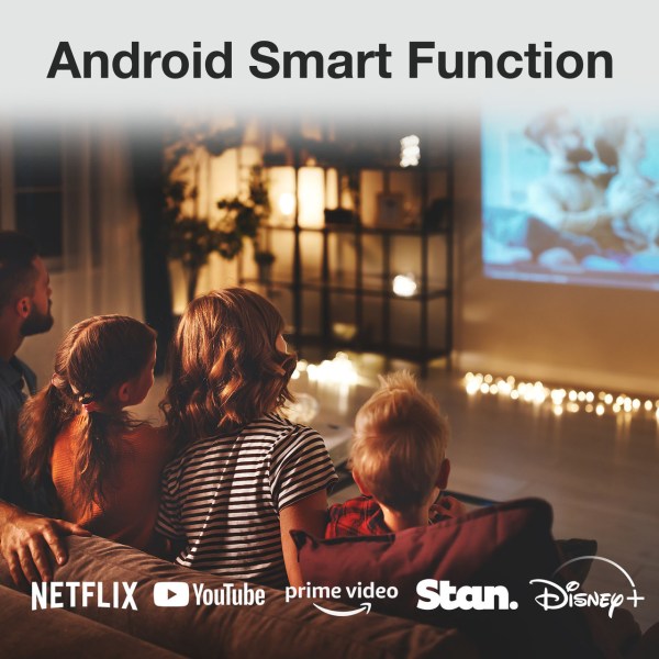 Family watching TV with streaming services logos.