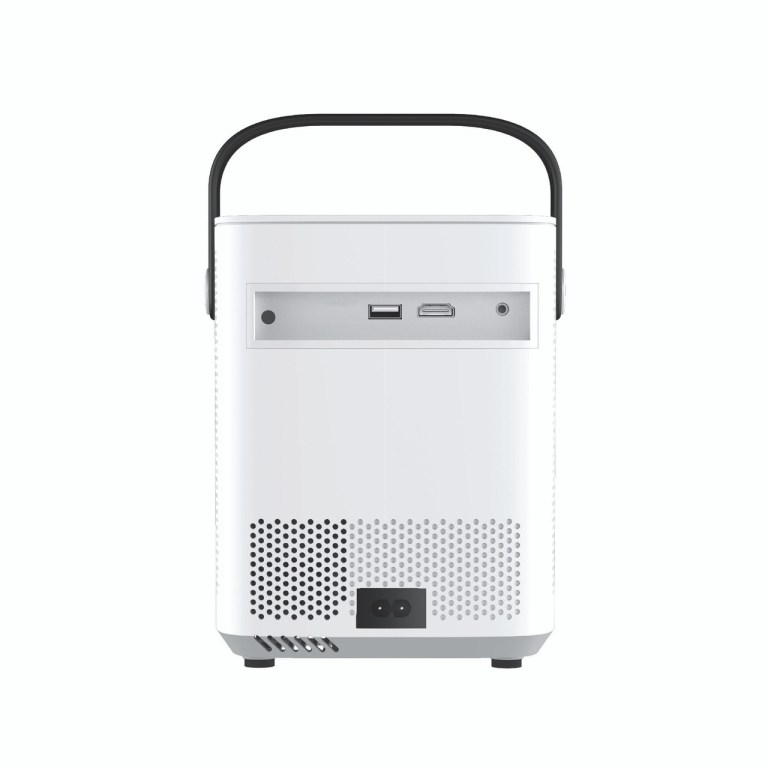 laser cube android projector with 120in screen Rear view of portable projector with USB ports.