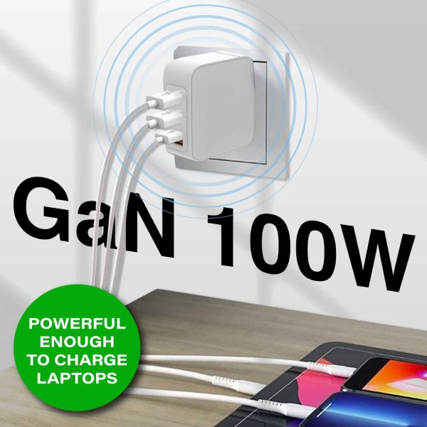 100W GaN charger powering multiple devices.