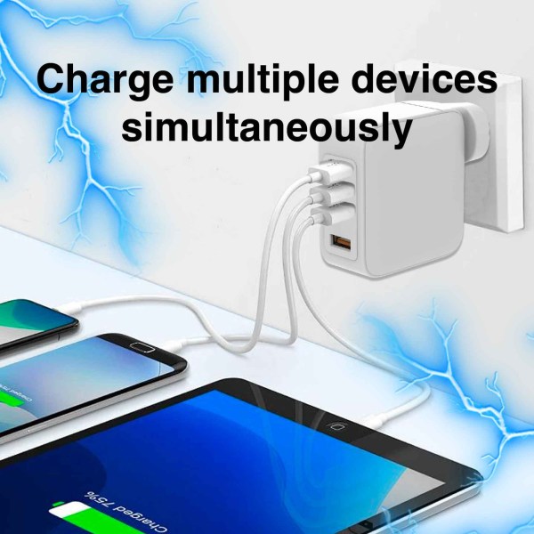 Multi-device wall charger with lightning graphics.