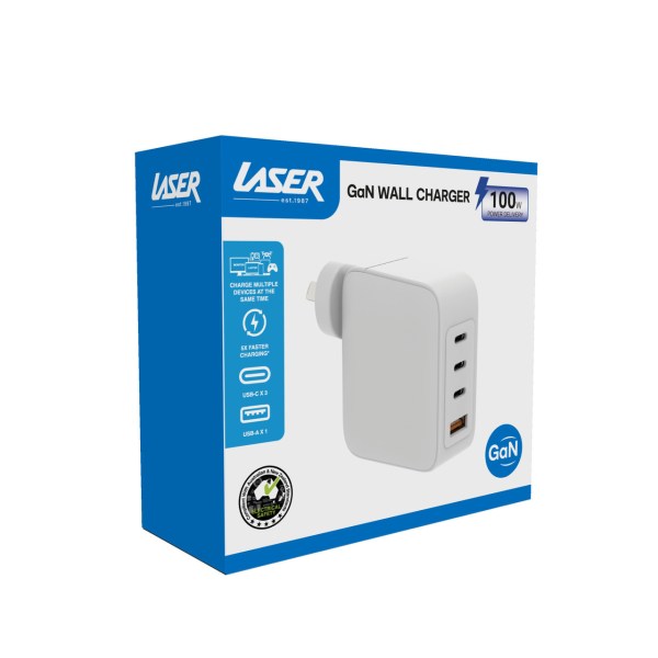 Laser GaN wall charger, 100W power delivery.