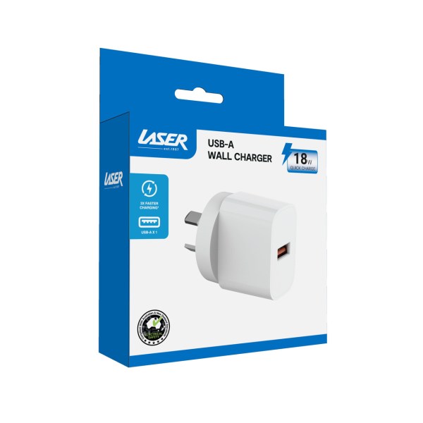 laser usb a 18w qc3 wall charger white USB-A wall charger in blue packaging