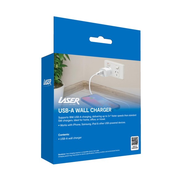 laser usb a 18w qc3 wall charger white USB-A wall charger packaging, 18W fast charging