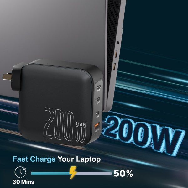 200W GaN charger for fast laptop charging.