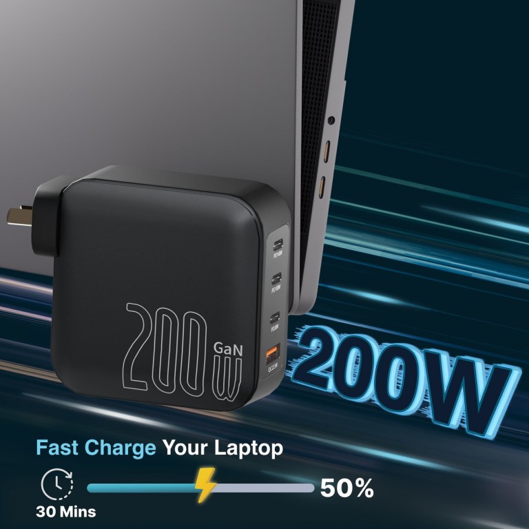 laser pd3.0 200w gan wall charger black 200W GaN charger for fast laptop charging.