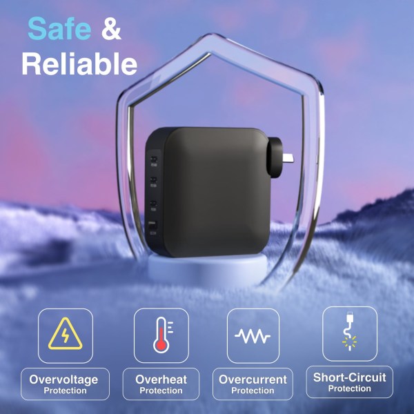 Black charger with multiple protection features and plug.