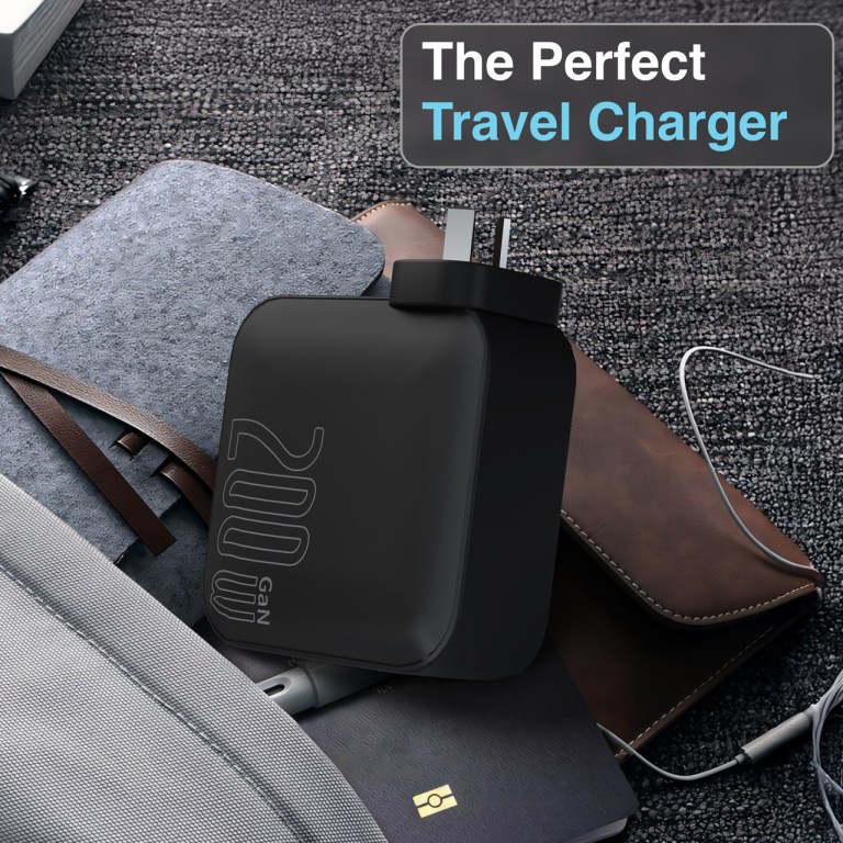 laser pd3.0 200w gan wall charger black 200W GaN travel charger on fabric surface