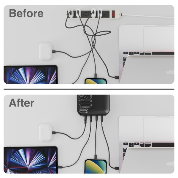 Cable management before and after using power hub.