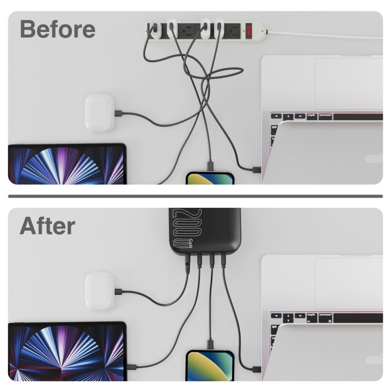 laser pd3.0 200w gan wall charger black Cable management before and after using power hub.