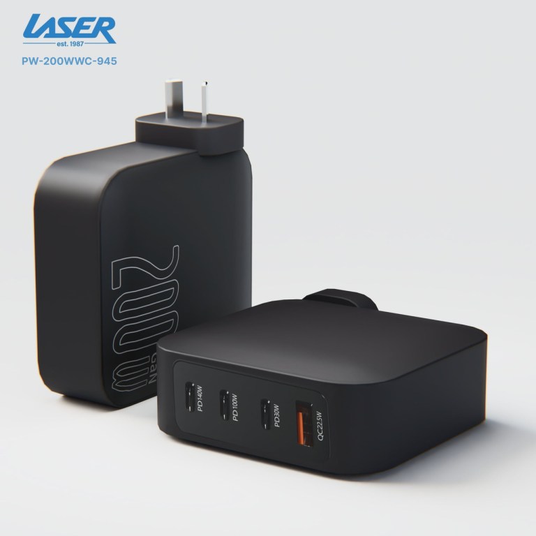laser pd3.0 200w gan wall charger black Black wall chargers with various power ports.