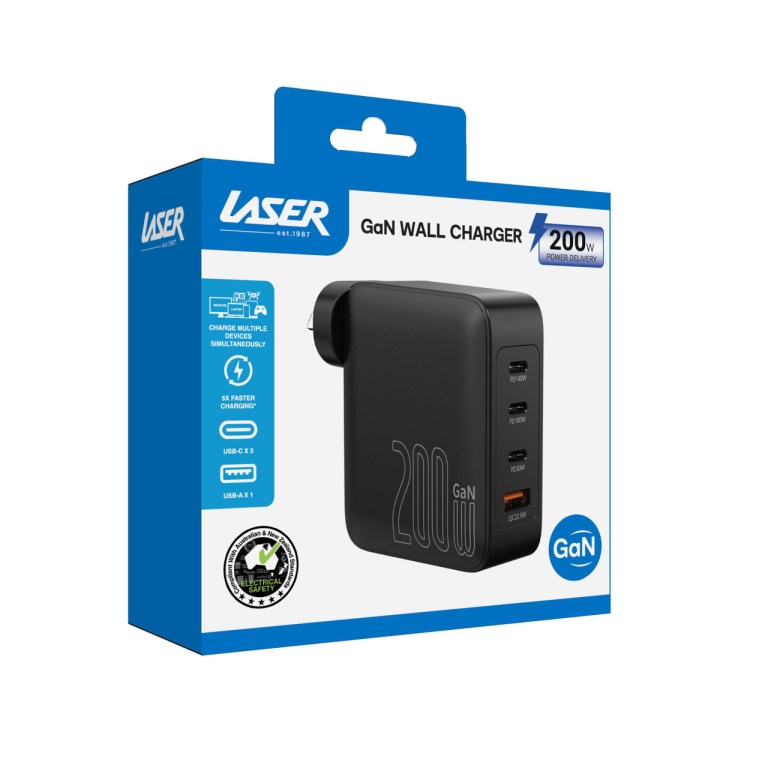 laser pd3.0 200w gan wall charger black 200W GaN wall charger, fast charging, multiple ports