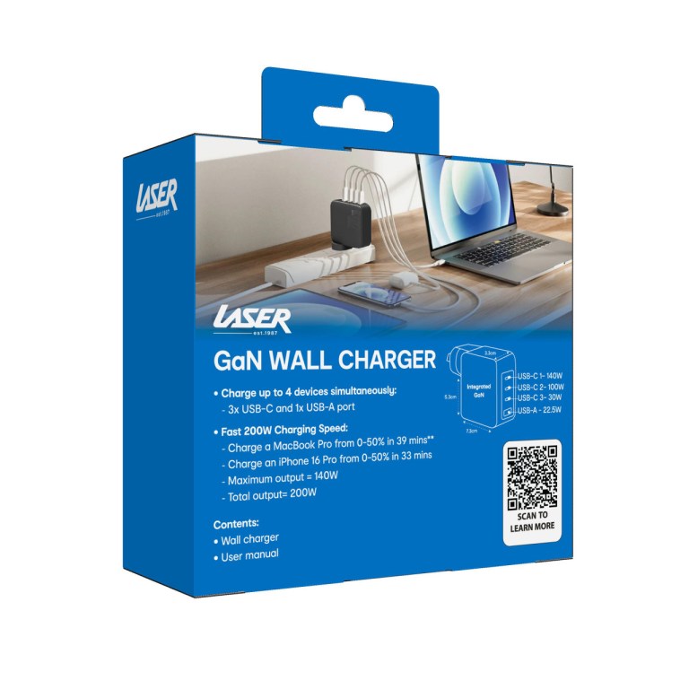 laser pd3.0 200w gan wall charger black GaN wall charger with multiple USB ports.