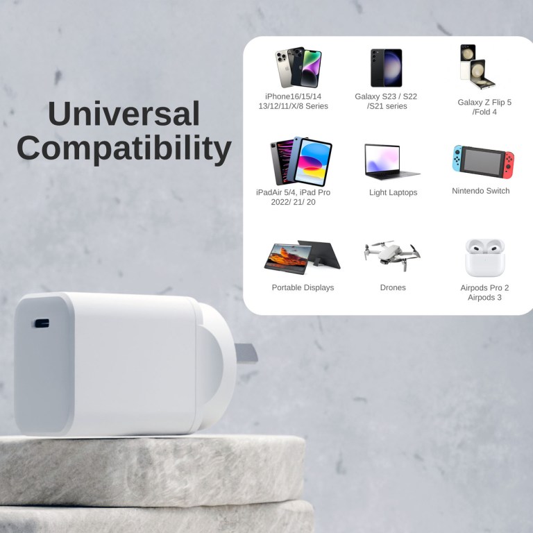 Universal charger for various devices including iPhones, iPads.