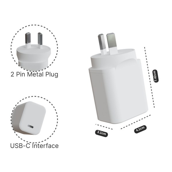 laser chargecore 45w pd gan usb c wall charger White USB-C charger with 2-pin plug dimensions.