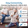 laser mini karaoke speaker with 2 wireless mics blue Family enjoying wireless karaoke with Bluetooth speaker.
