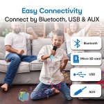 laser mini karaoke speaker with 2 wireless mics blue Family enjoying wireless karaoke with Bluetooth speaker.