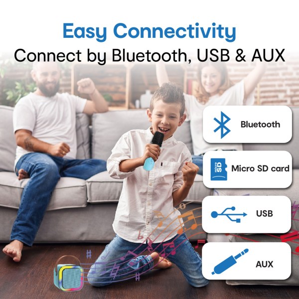 laser mini karaoke speaker with 2 wireless mics blue Family enjoying wireless karaoke with Bluetooth speaker.