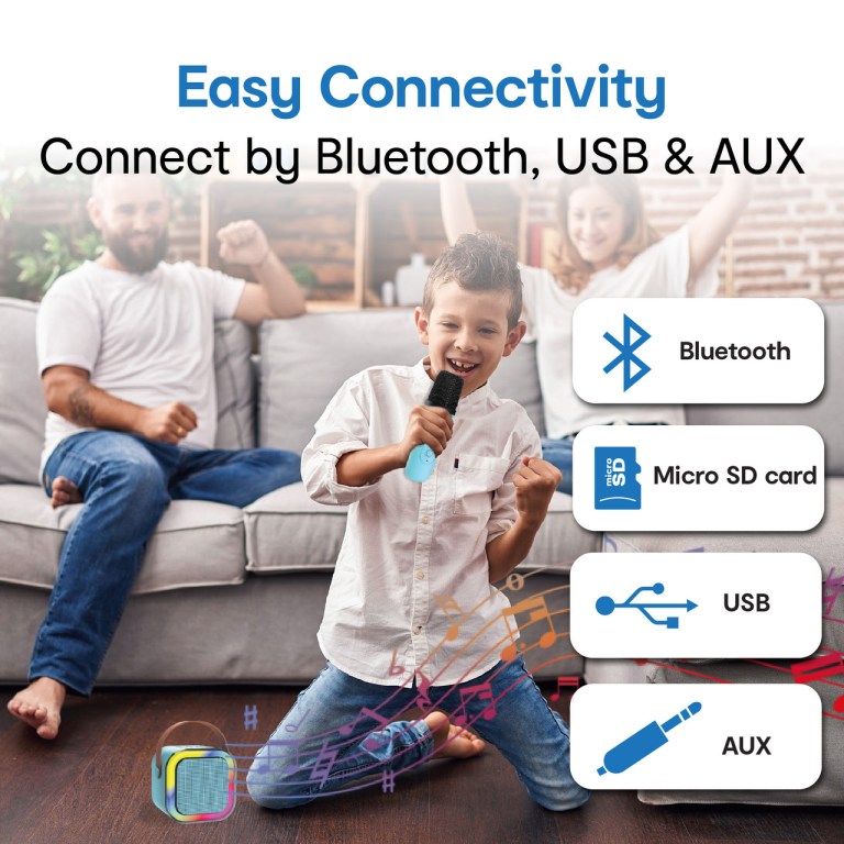 laser mini karaoke speaker with 2 wireless mics blue Family enjoying wireless karaoke with Bluetooth speaker.