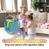 laser mini karaoke speaker with 2 wireless mics blue Kids enjoying music with colourful light speaker.