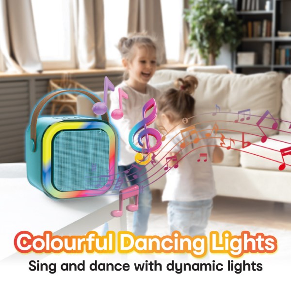 laser mini karaoke speaker with 2 wireless mics blue Kids enjoying music with colourful light speaker.