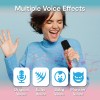 laser mini karaoke speaker with 2 wireless mics blue Woman sings into microphone, multiple voice effects shown.