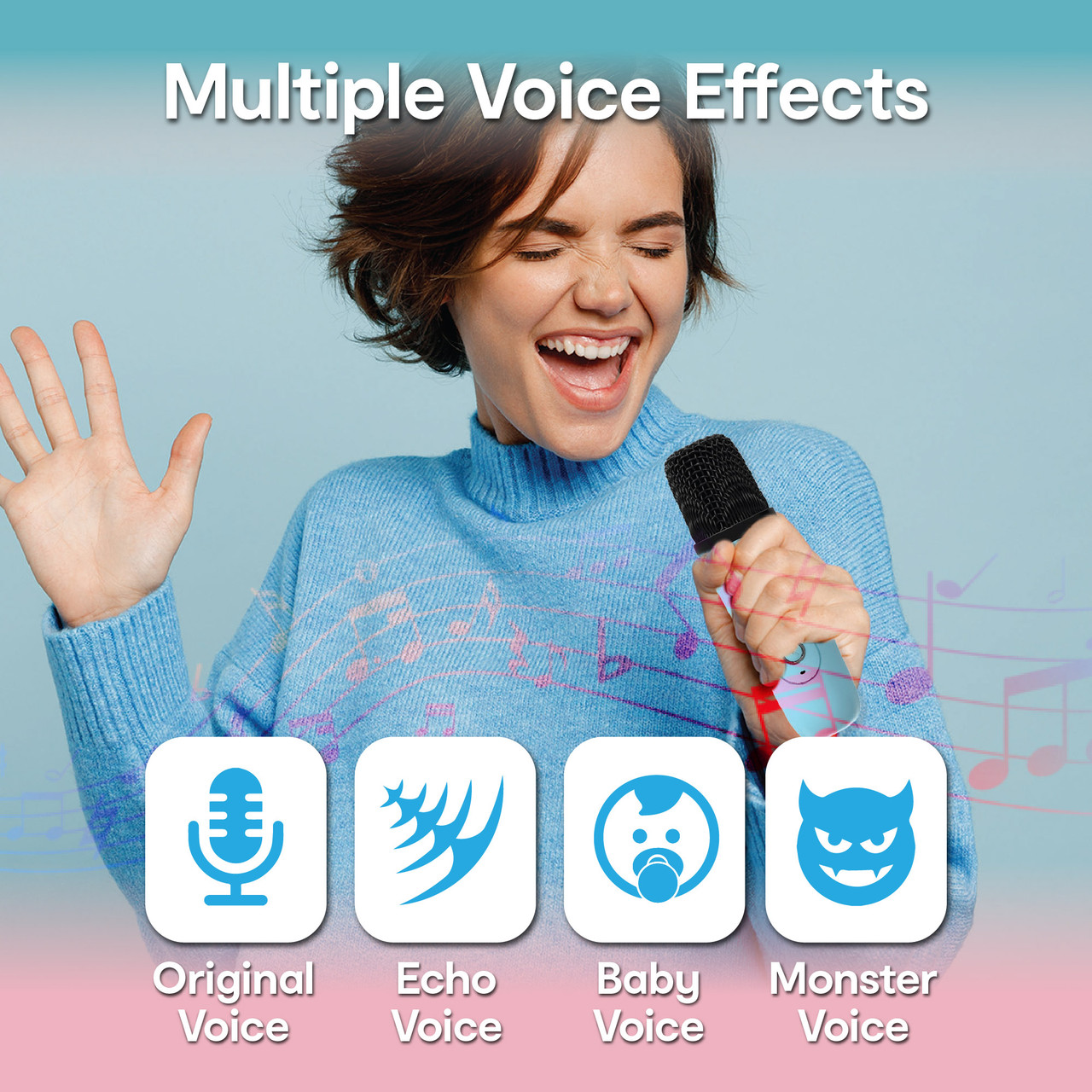 Woman sings into microphone, multiple voice effects shown.