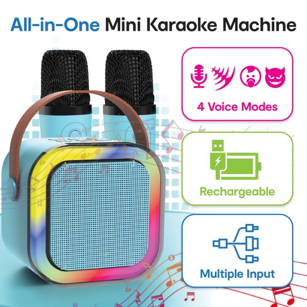 laser mini karaoke speaker with 2 wireless mics blue Mini Karaoke Machine with microphones and colourful speaker.