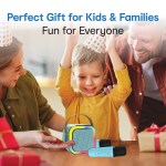 laser mini karaoke speaker with 2 wireless mics blue Family celebrating with kids' karaoke machine gift.