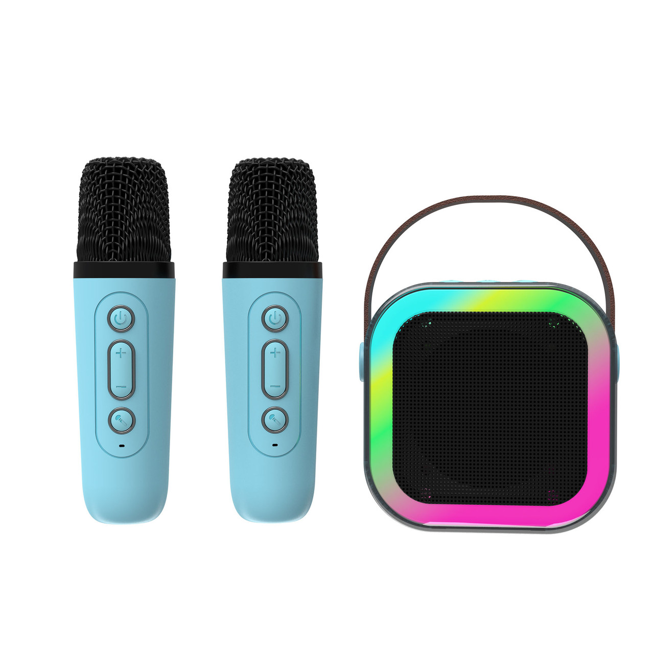 Blue microphones and rainbow speaker set.