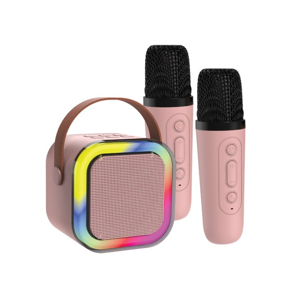 Colourful speaker with two pink microphones