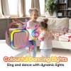Kids enjoying colourful light speaker music.