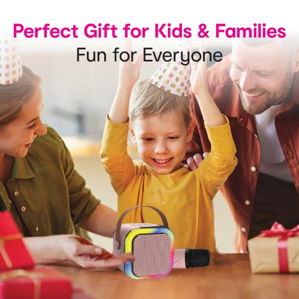 Family enjoying a colourful speaker and gifts.