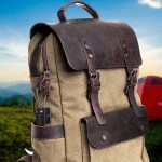 laser tsa lock smart tag with rechargeable battery black Stylish canvas backpack with brown leather straps outdoors.