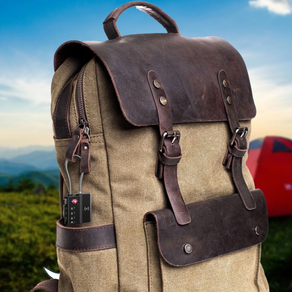 laser tsa lock smart tag with rechargeable battery black Stylish canvas backpack with brown leather straps outdoors.