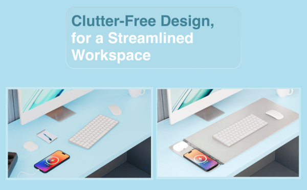laser wireless charging desk mat grey Minimalist desk for clutter-free workspace.